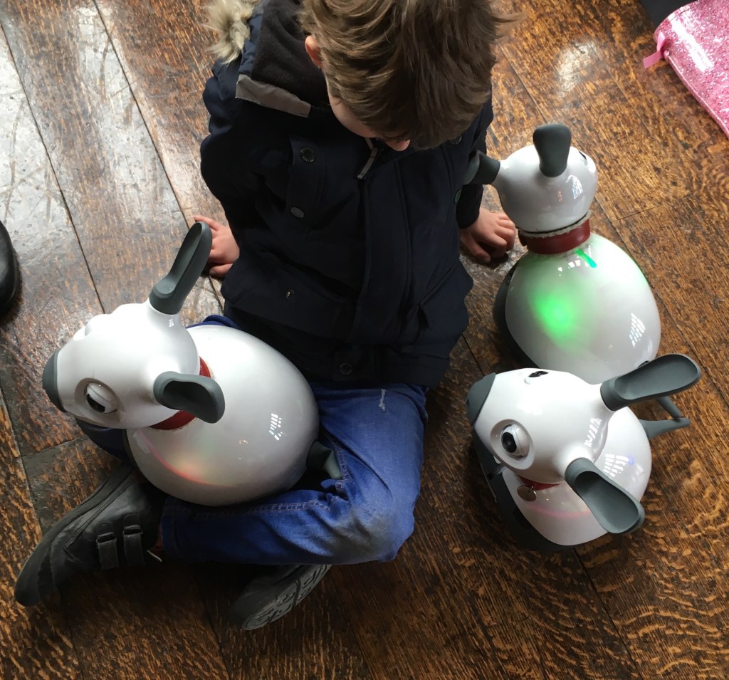 A child interacts with the animal-inspired companion robot.